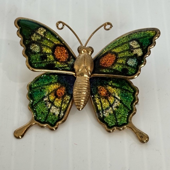 Vintage Glitter Sparkly Orange/Green Goldtone Enamel Metal Butterfly Brooch Pin - Picture 2 of 5